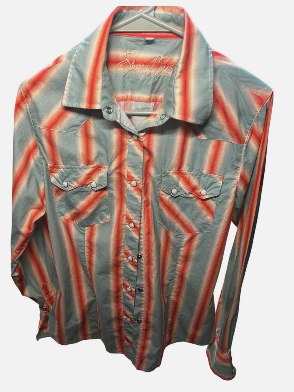 Rodeo Western Boho Coral and Light Blue Striped Button-Down Shirt #0171